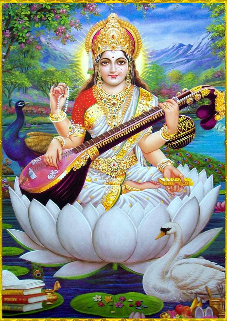 Saraswati Devi, white lotus, purple veena, SD Phone Wallpaper