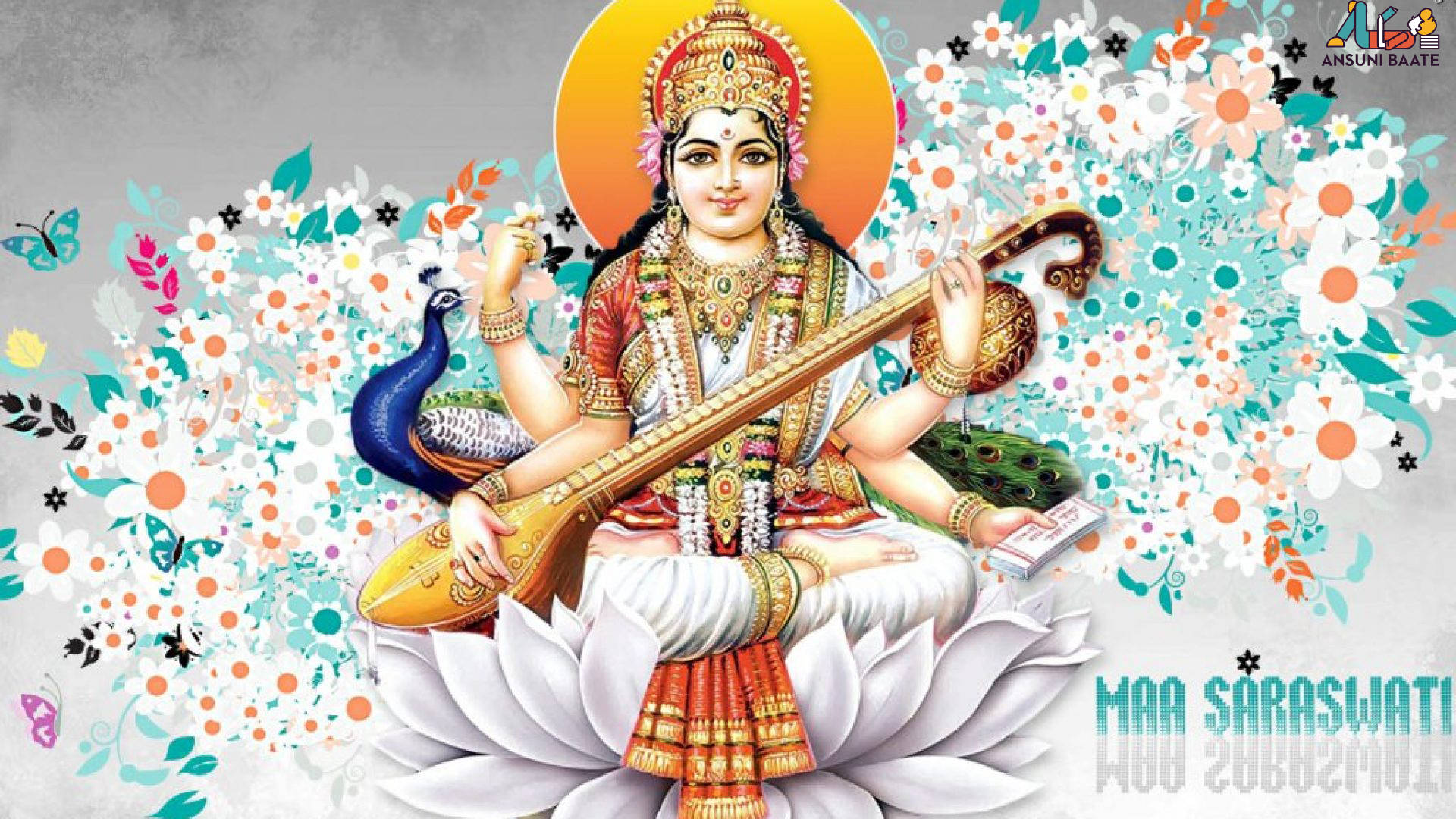 Saraswati Devi, white lotus, veena, Full HD Desktop Wallpaper