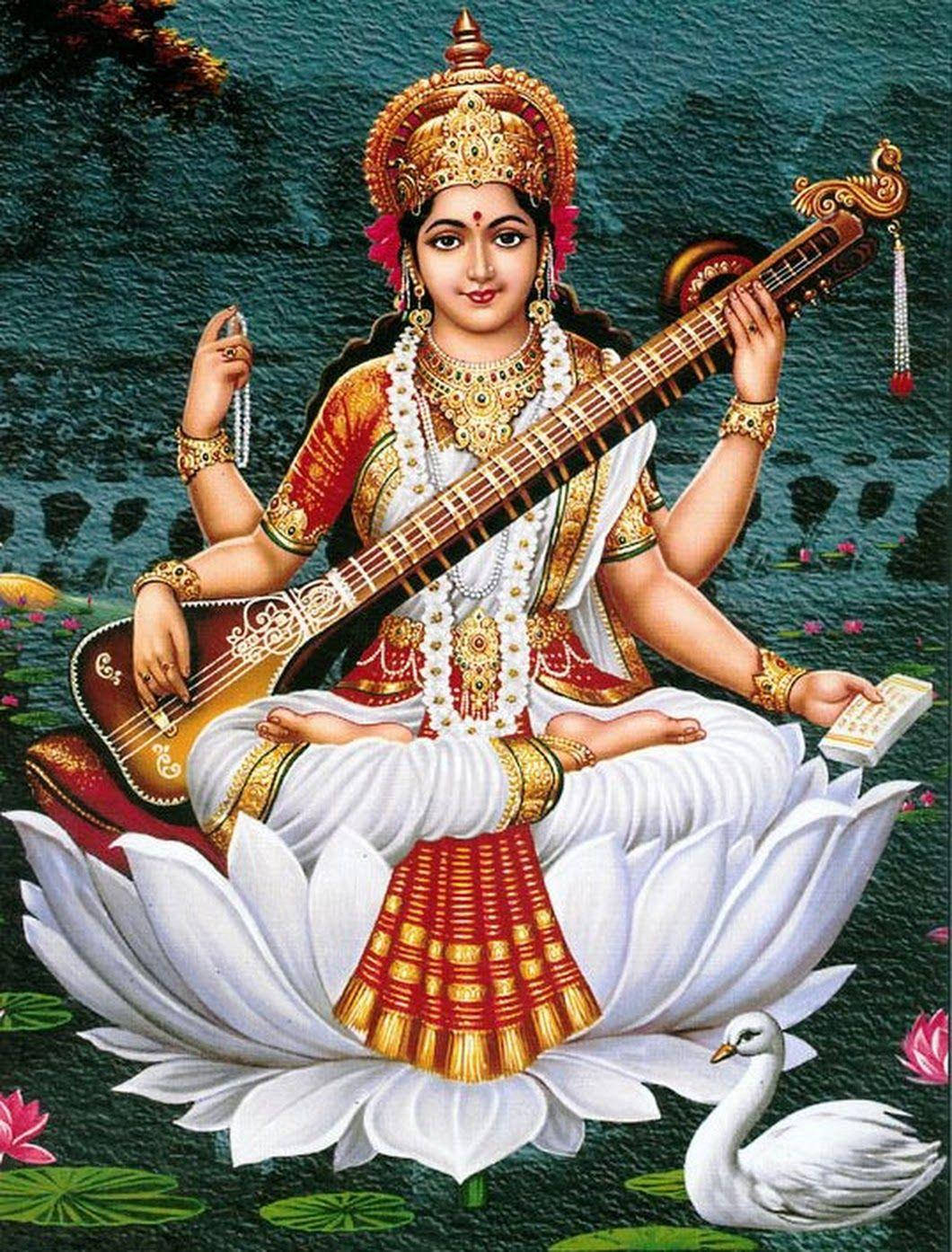 Saraswati Devi, white lotus, veena, HD Phone Wallpaper