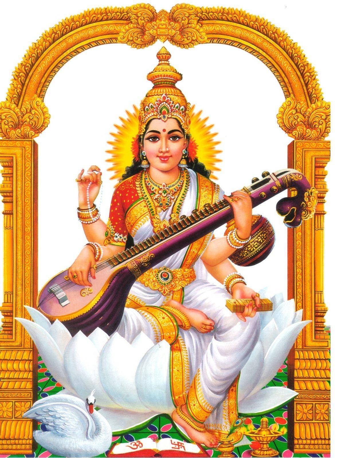 Saraswati Devi, white lotus, purple veena, HD Phone Wallpaper