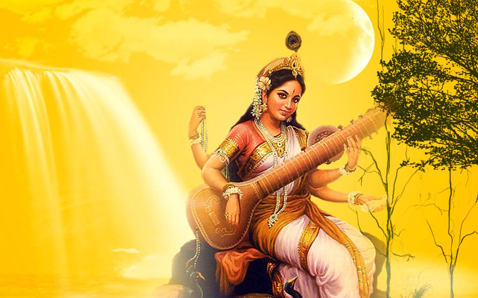 Saraswati, sitar, waterfall, Full HD Desktop Wallpaper