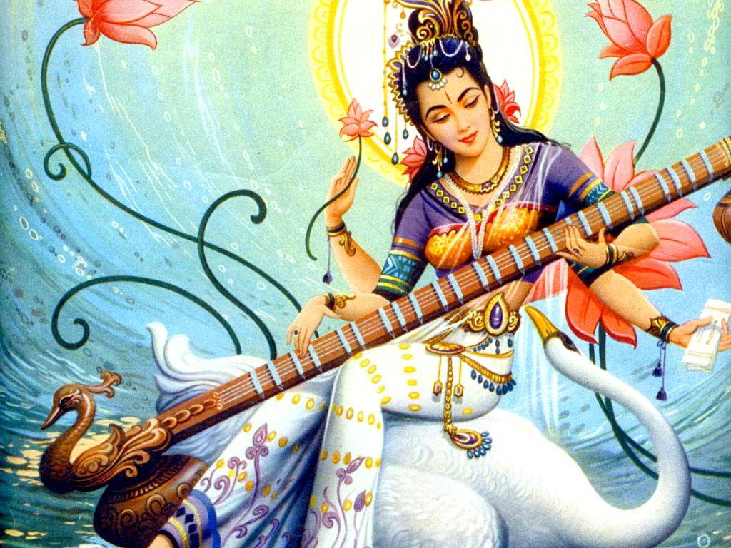 Saraswati Devi, swan-headed sitar, white swan, SD Desktop Wallpaper