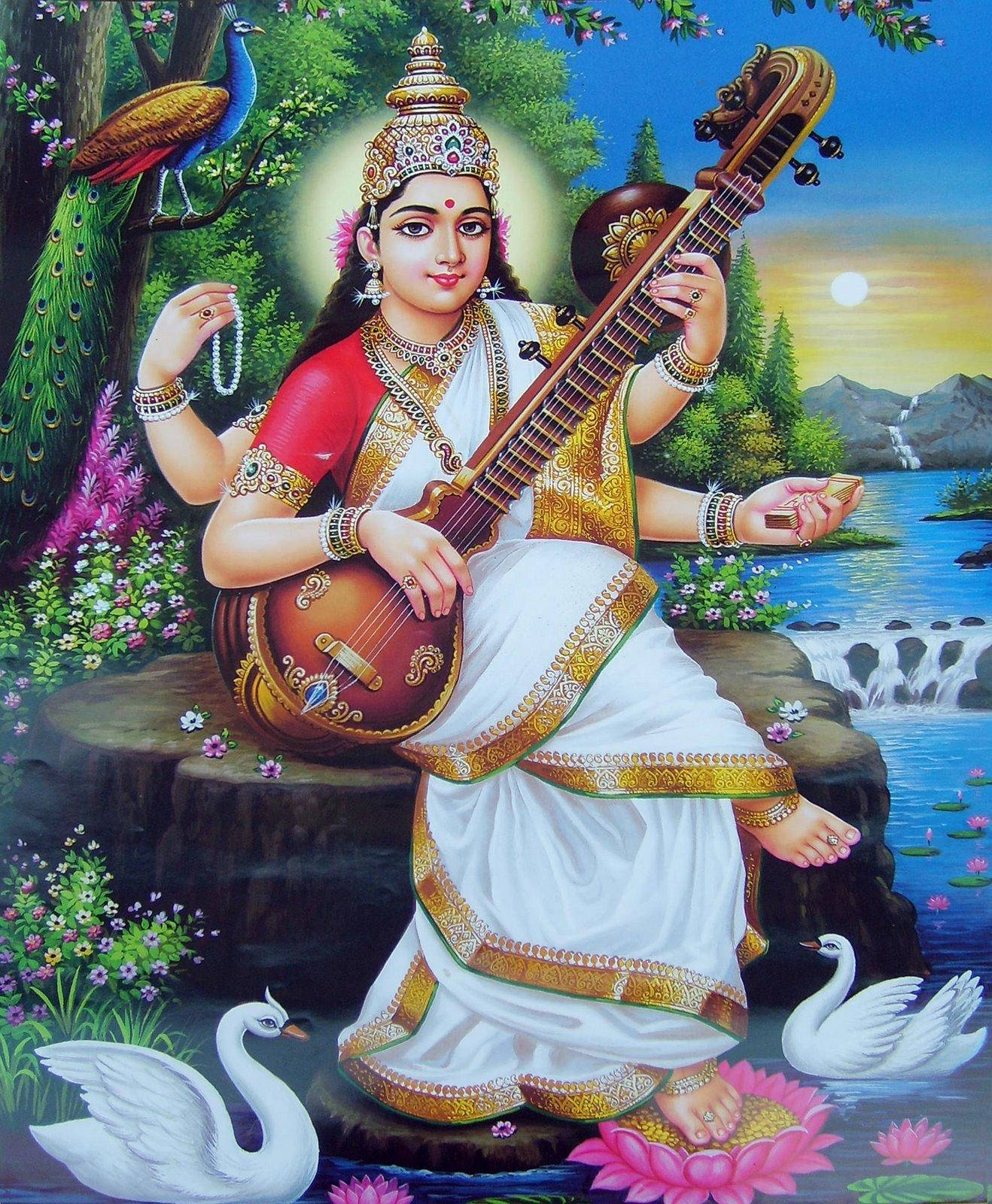 Saraswati Devi, white and gold attire, stringed instrument, HD Phone Wallpaper