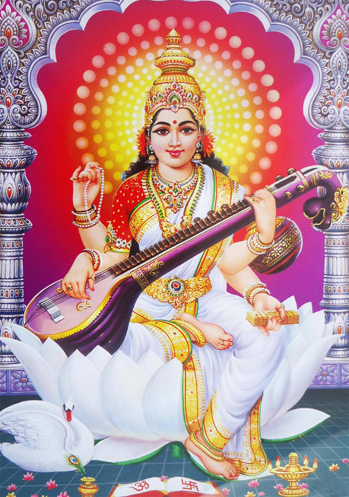 Saraswati, white lotus, sitar, HD Phone Wallpaper