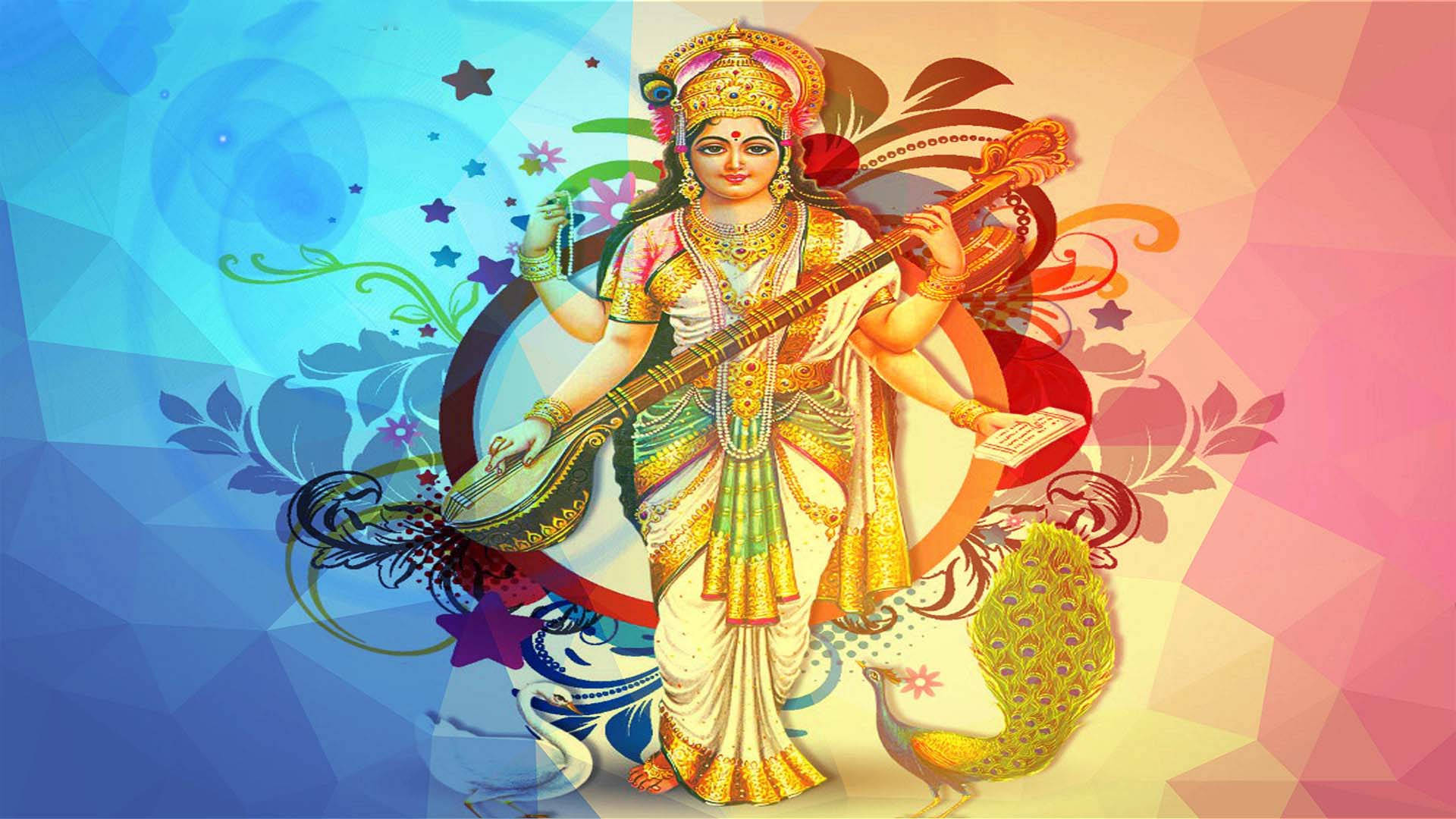 Saraswati, veena, peacock, Full HD Desktop Wallpaper