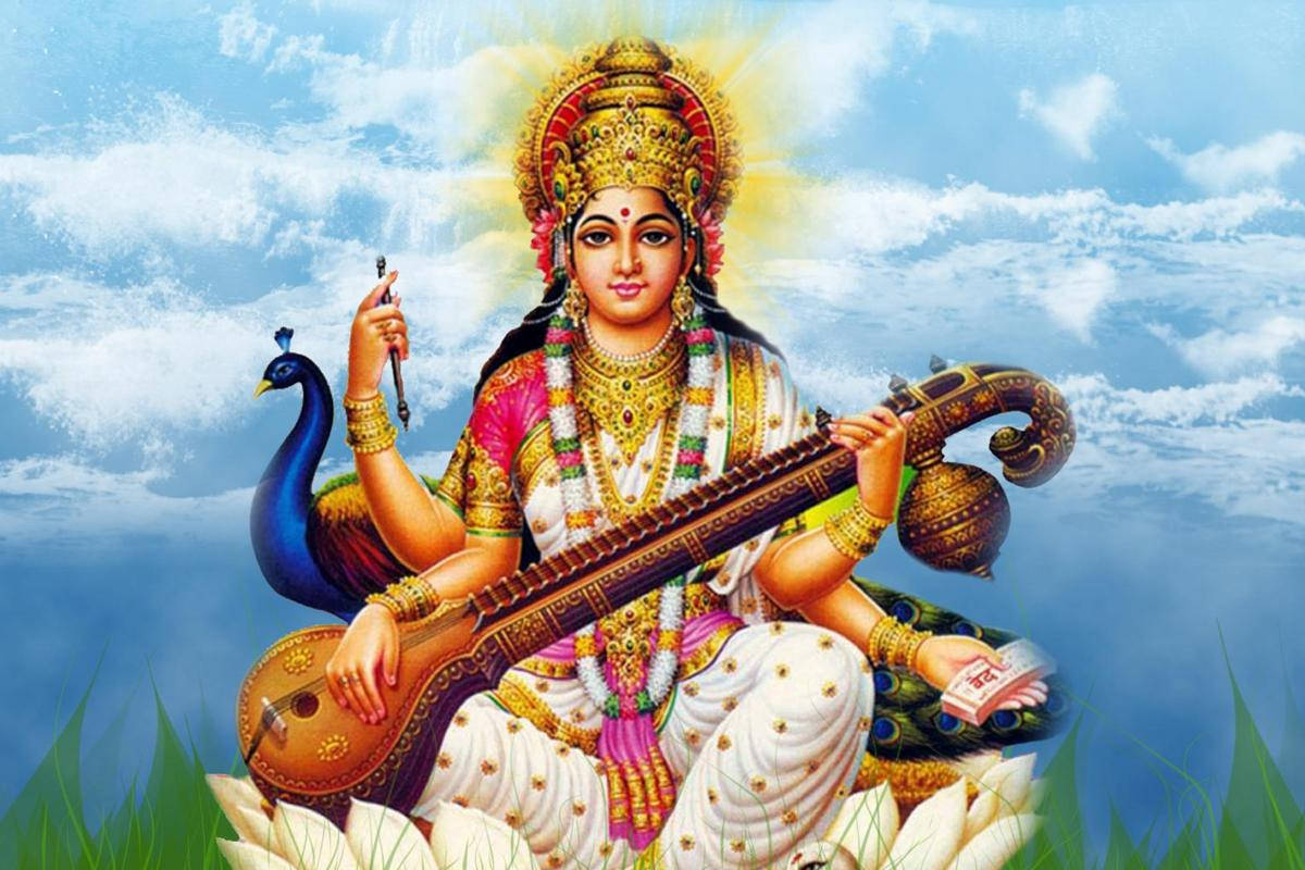 Saraswati Devi, gold jewelry, colorful garments, SD Desktop Wallpaper
