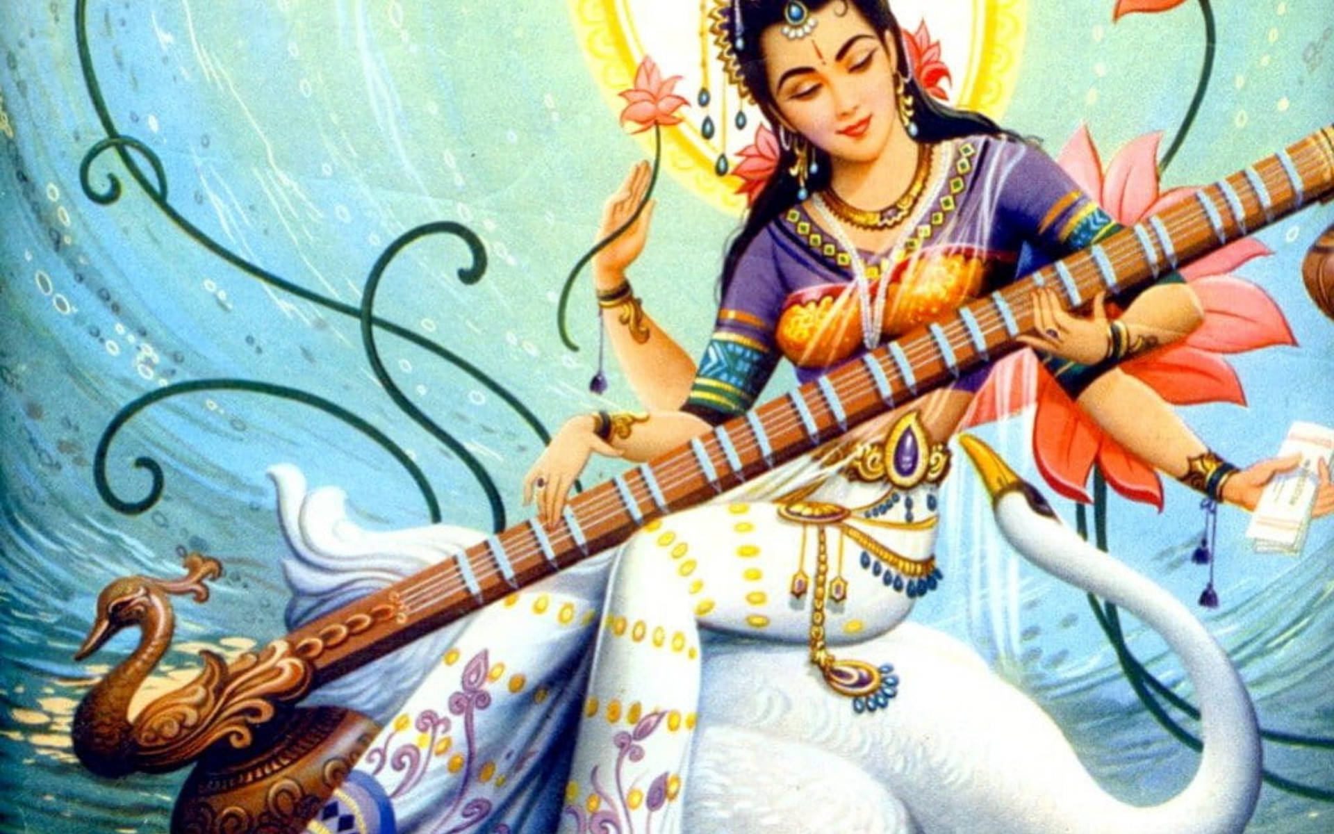 Saraswati, swan-headed sitar, white swan, Full HD Desktop Wallpaper