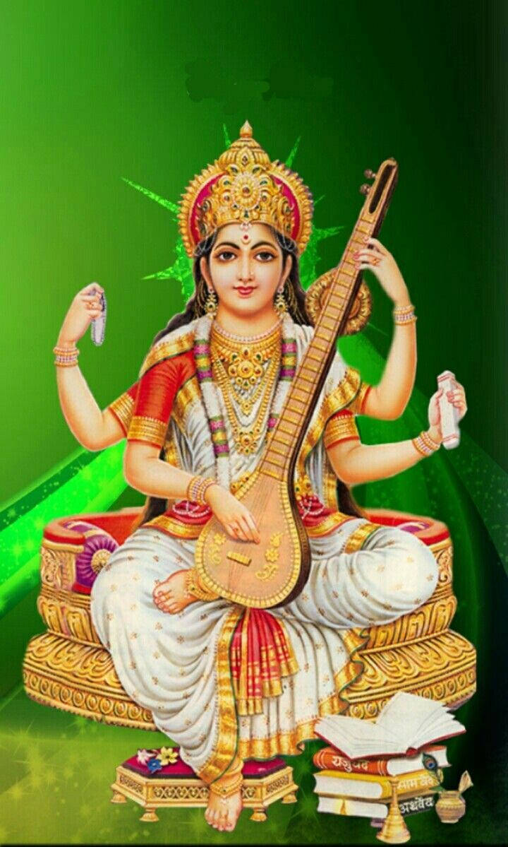 Saraswati Mata, four-armed Hindu goddess, golden throne, SD Phone Wallpaper