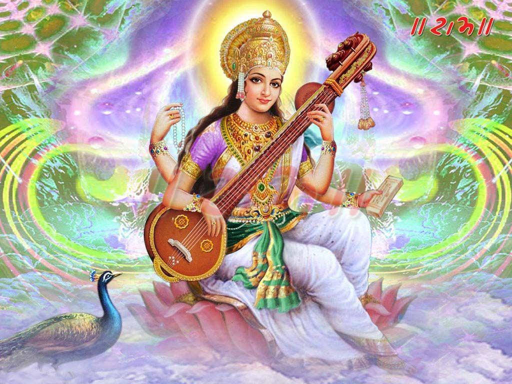 Saraswati Mata, golden crown, purple attire, SD Desktop Wallpaper