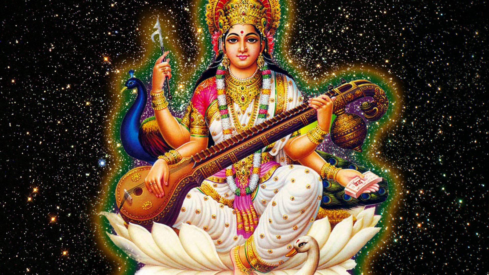 Saraswati Mata, gold, pink, Full HD Desktop Wallpaper