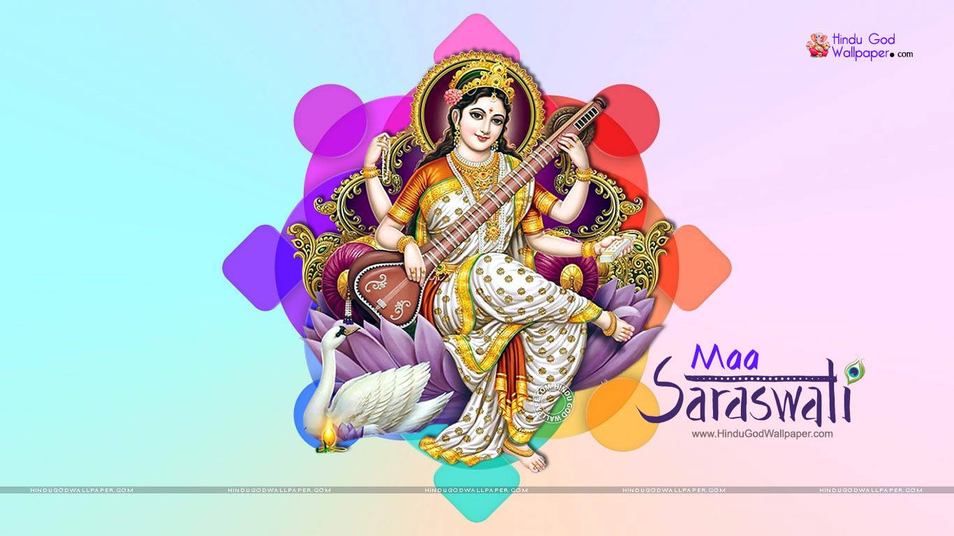 Saraswati Mata, purple lotus, veena, HD Desktop Wallpaper