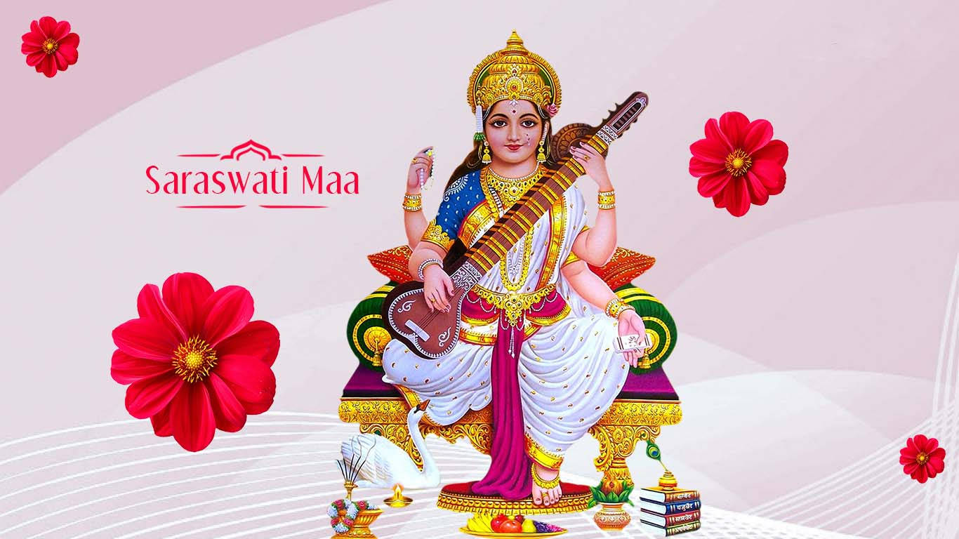 Saraswati Mata, golden throne, veena, HD Desktop Wallpaper