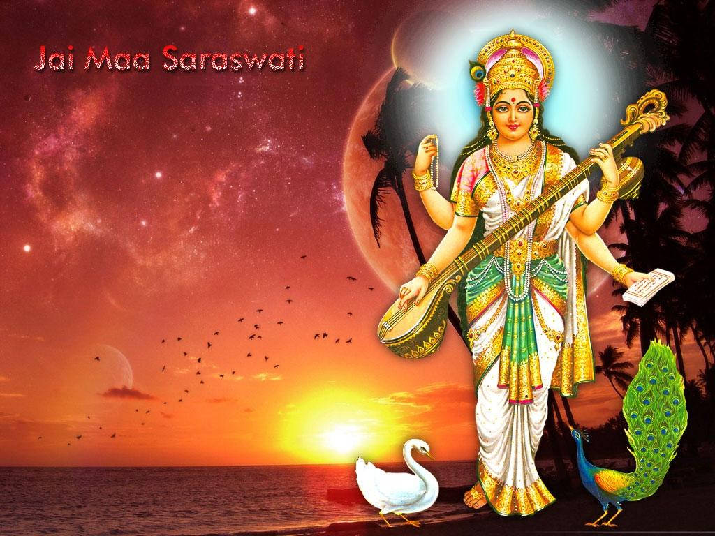 Saraswati Mata, sunset, veena, SD Desktop Wallpaper