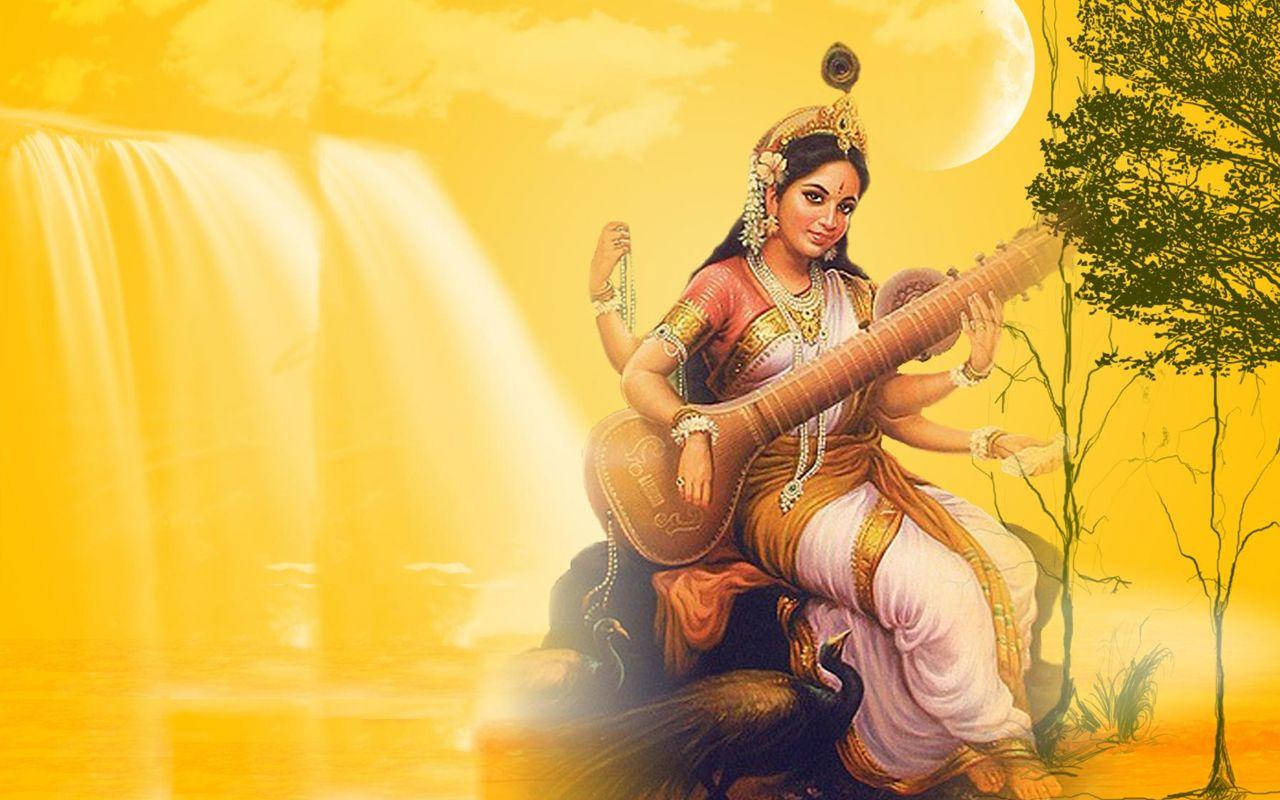 Saraswati Mata, peacock, glowing moon, HD Desktop Wallpaper