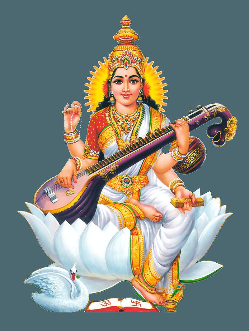 Saraswati Mata, golden jewelry, red and white garments, SD Phone Wallpaper