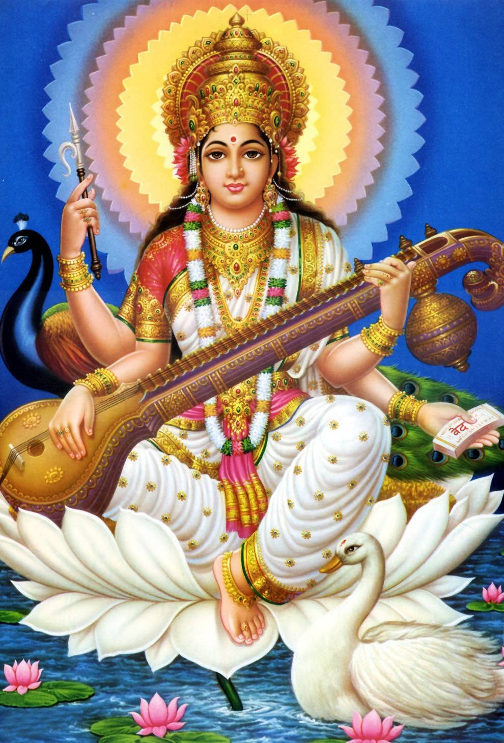 Saraswati Mata, white lotus, veena, HD Phone Wallpaper