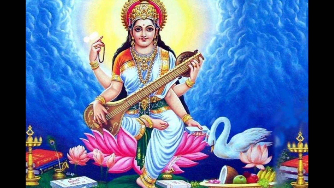 Saraswati Mata, pink lotus, veena, HD Desktop Wallpaper