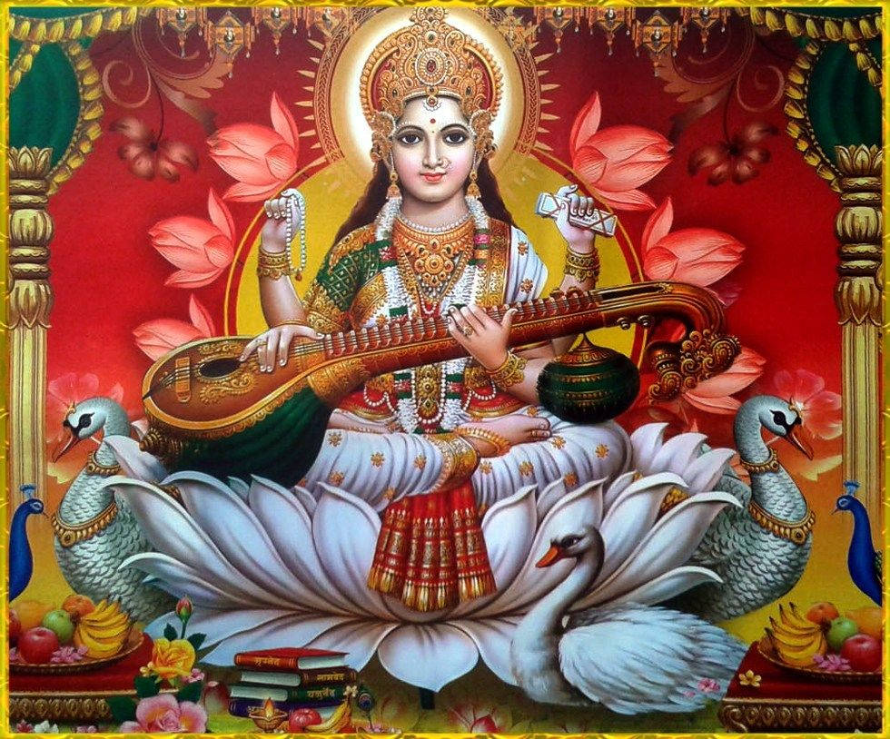 Saraswati Mata, gold, jewels, SD Desktop Wallpaper