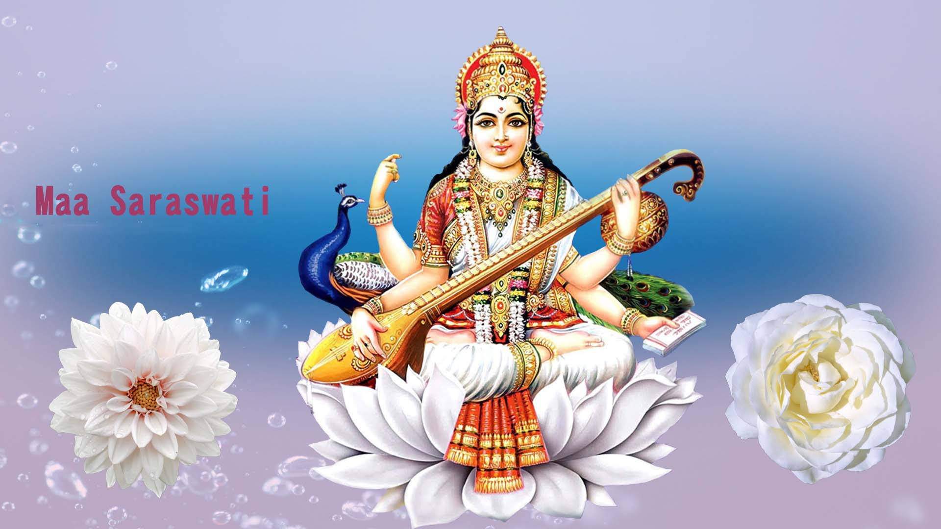Saraswati Mata, white lotus, veena, Full HD Desktop Wallpaper