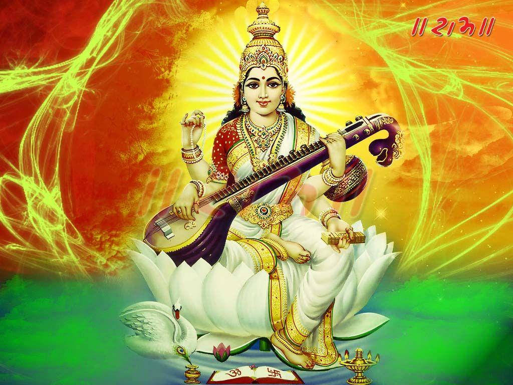 Saraswati Mata, white lotus, veena, SD Desktop Wallpaper