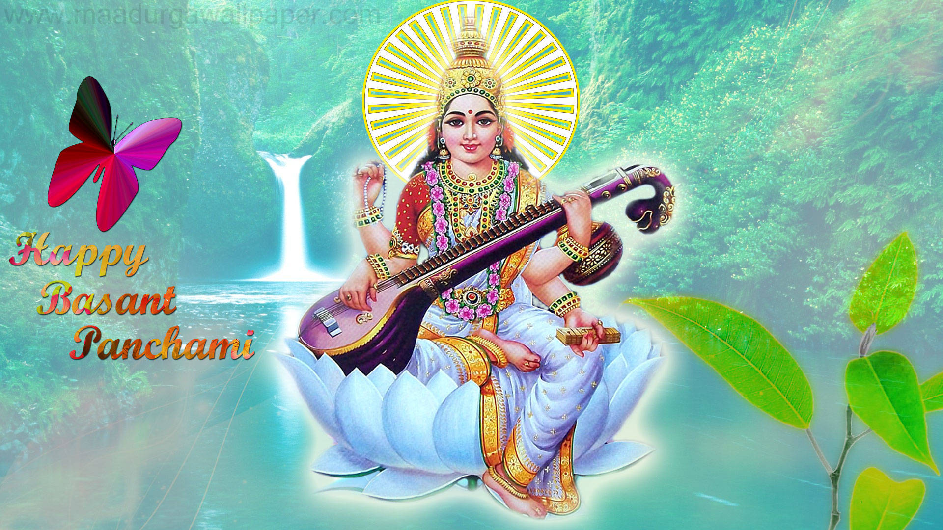 Saraswati Mata, gold, red, Full HD Desktop Wallpaper