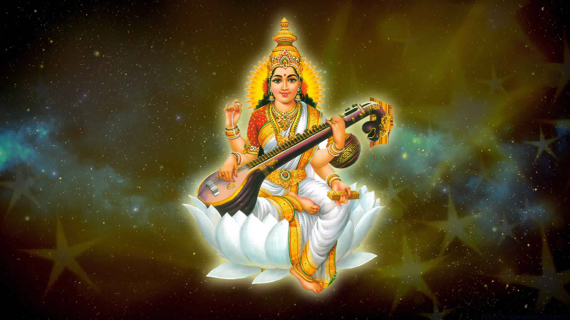 Saraswati Mata, golden crown, jewelry, Full HD Desktop Wallpaper