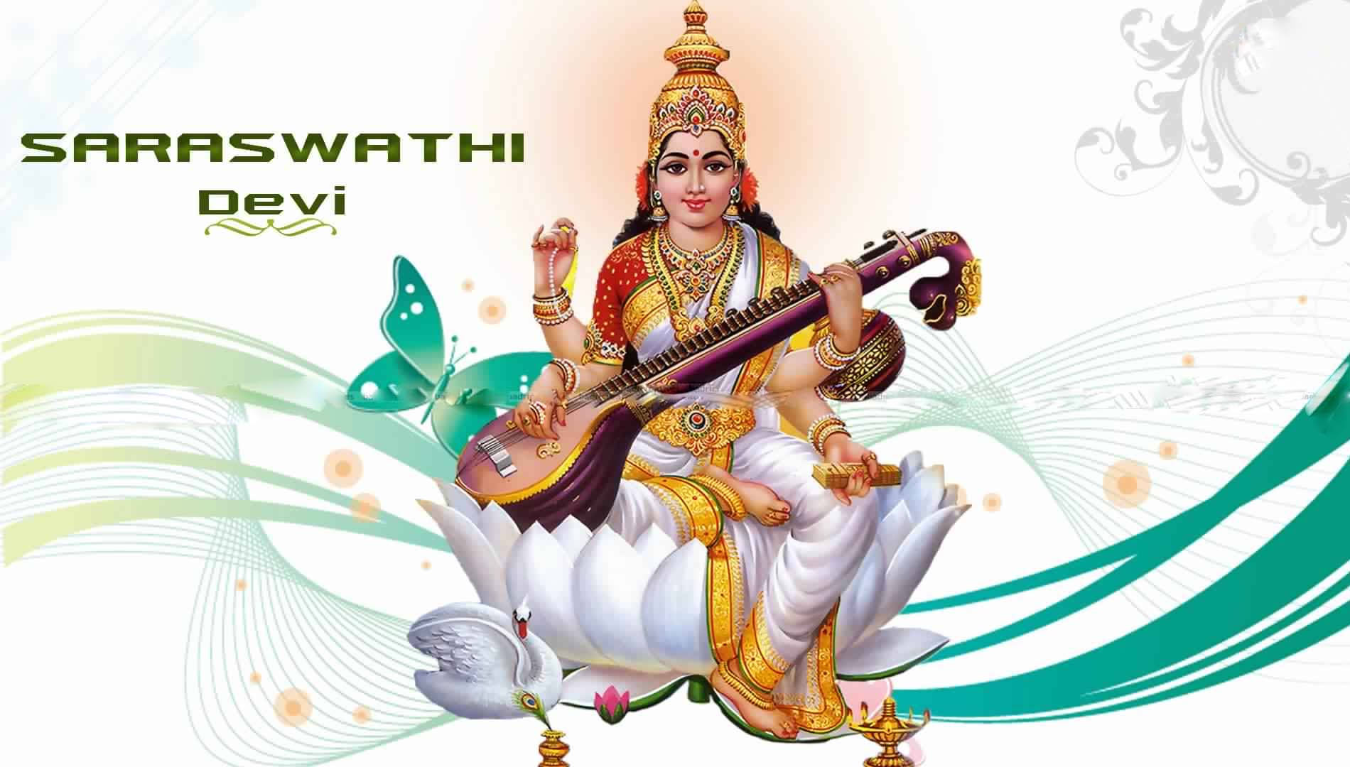 Saraswati Mata, golden jewelry, red attire, HD Desktop Wallpaper