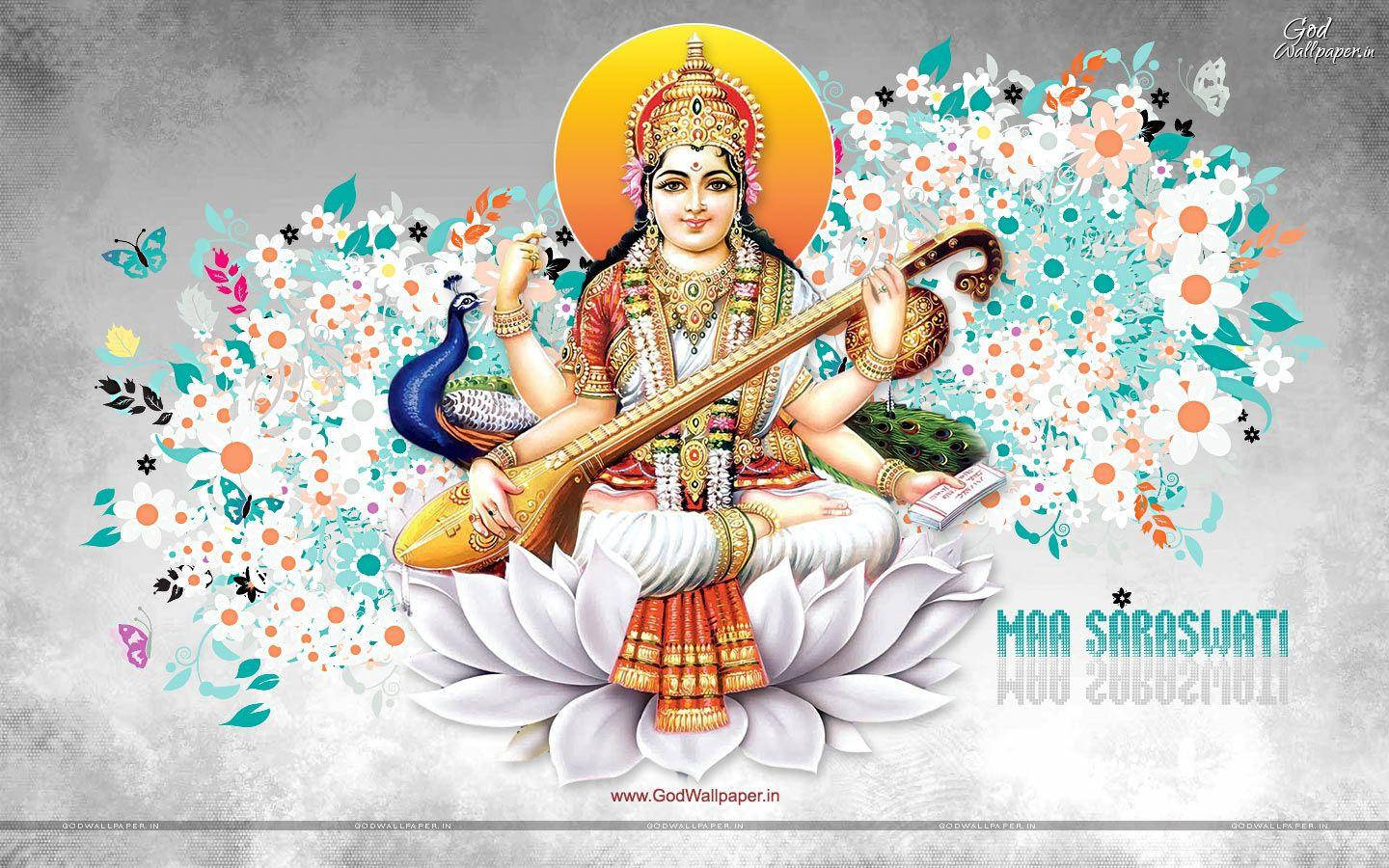 Saraswati Mata, white lotus, veena, HD Desktop Wallpaper
