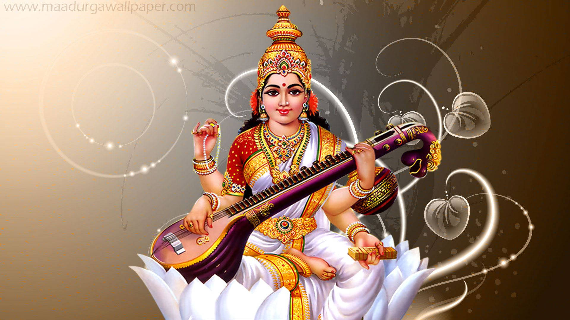 Saraswati Mata, gold and red jewelry, white lotus, Full HD Desktop Wallpaper
