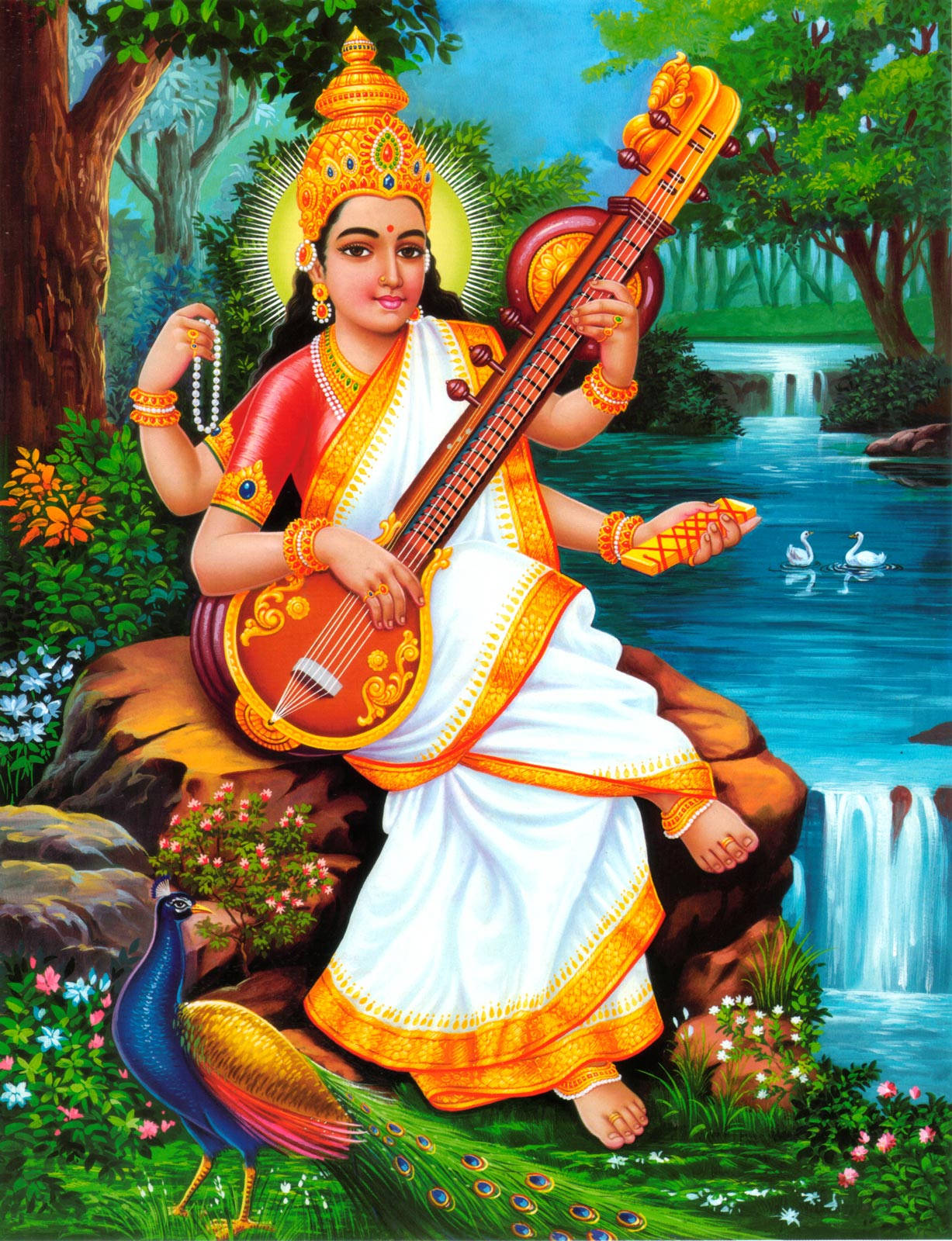 Saraswati River, goddess, ornate golden attire, HD Phone Wallpaper