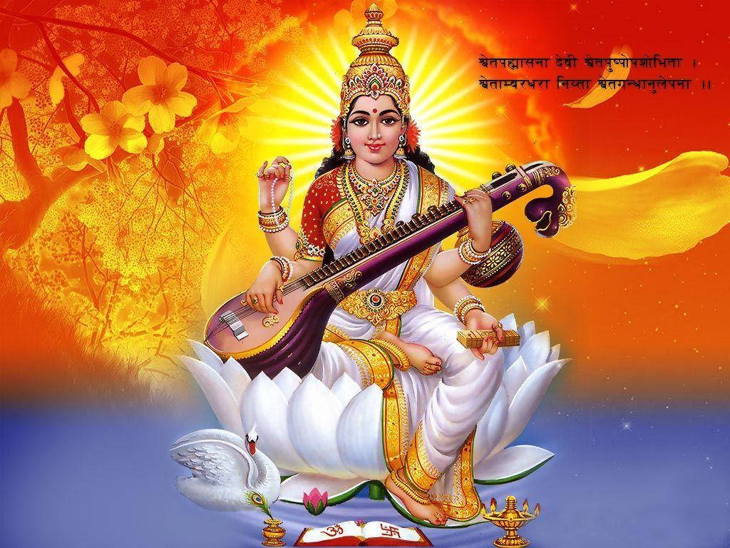 Saraswati Mata, orange and blue, white lotus, SD Desktop Wallpaper