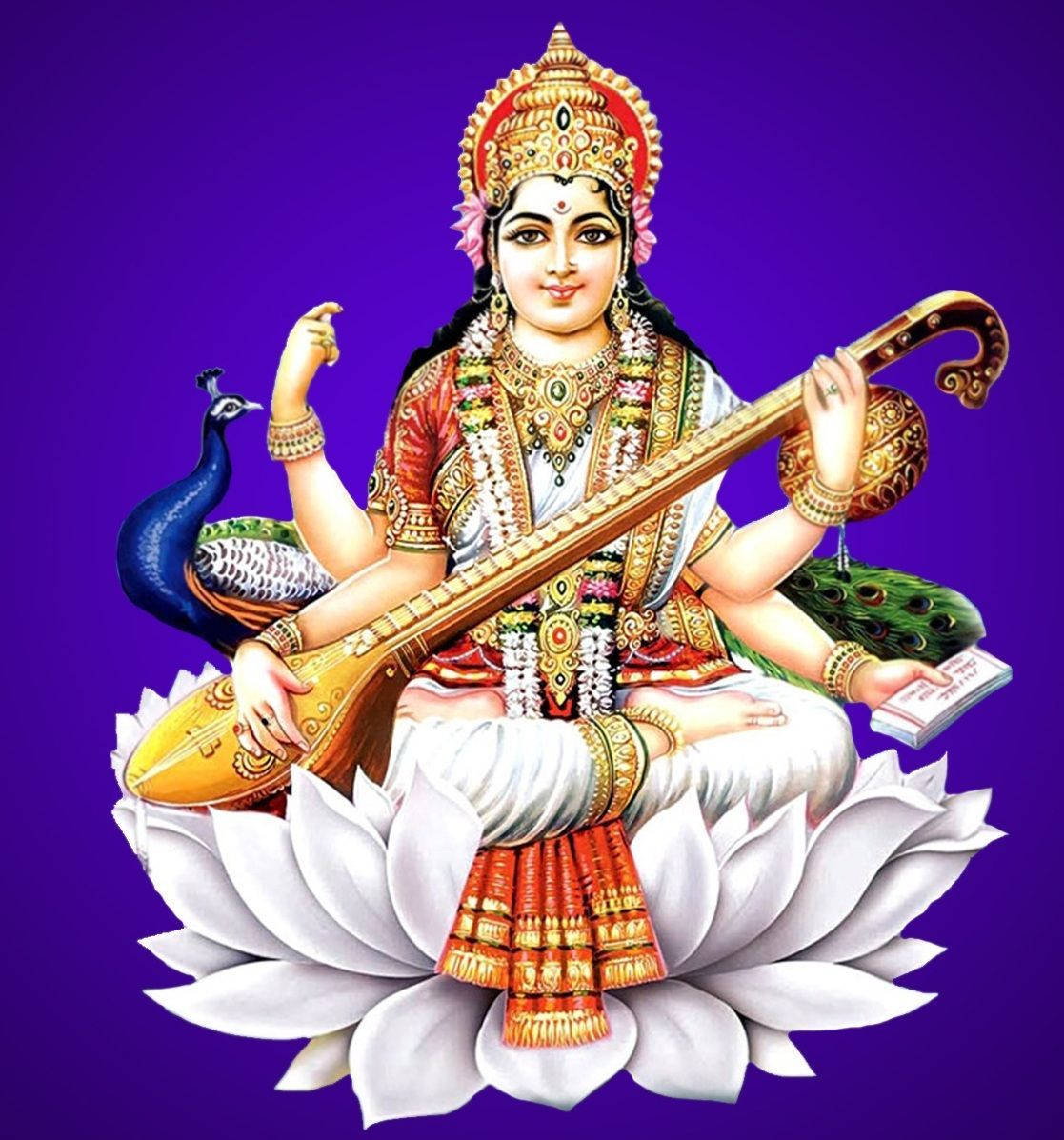 Saraswati Mata, gold and red jewelry, white lotus, SD Phone Wallpaper