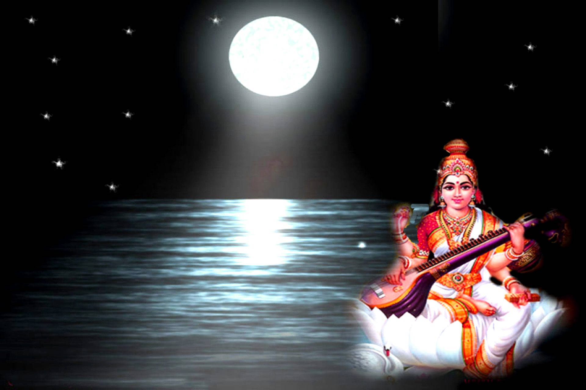 Saraswati, swan, full moon, Full HD Desktop Wallpaper