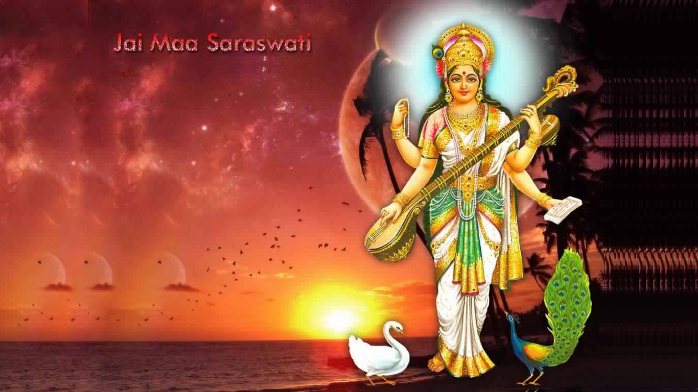 Saraswati, sun water, fiery sunset sky, HD Desktop Wallpaper