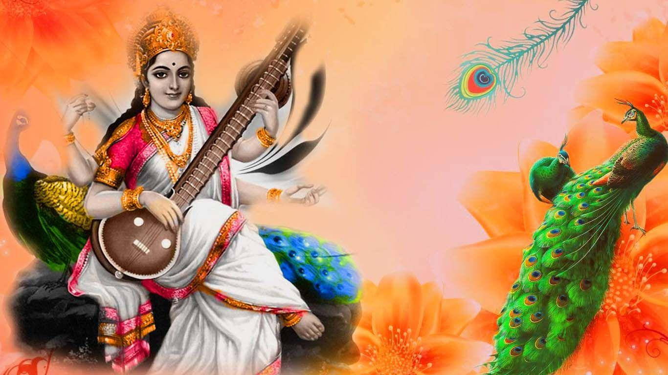 Saraswati, peacocks, gold, HD Desktop Wallpaper