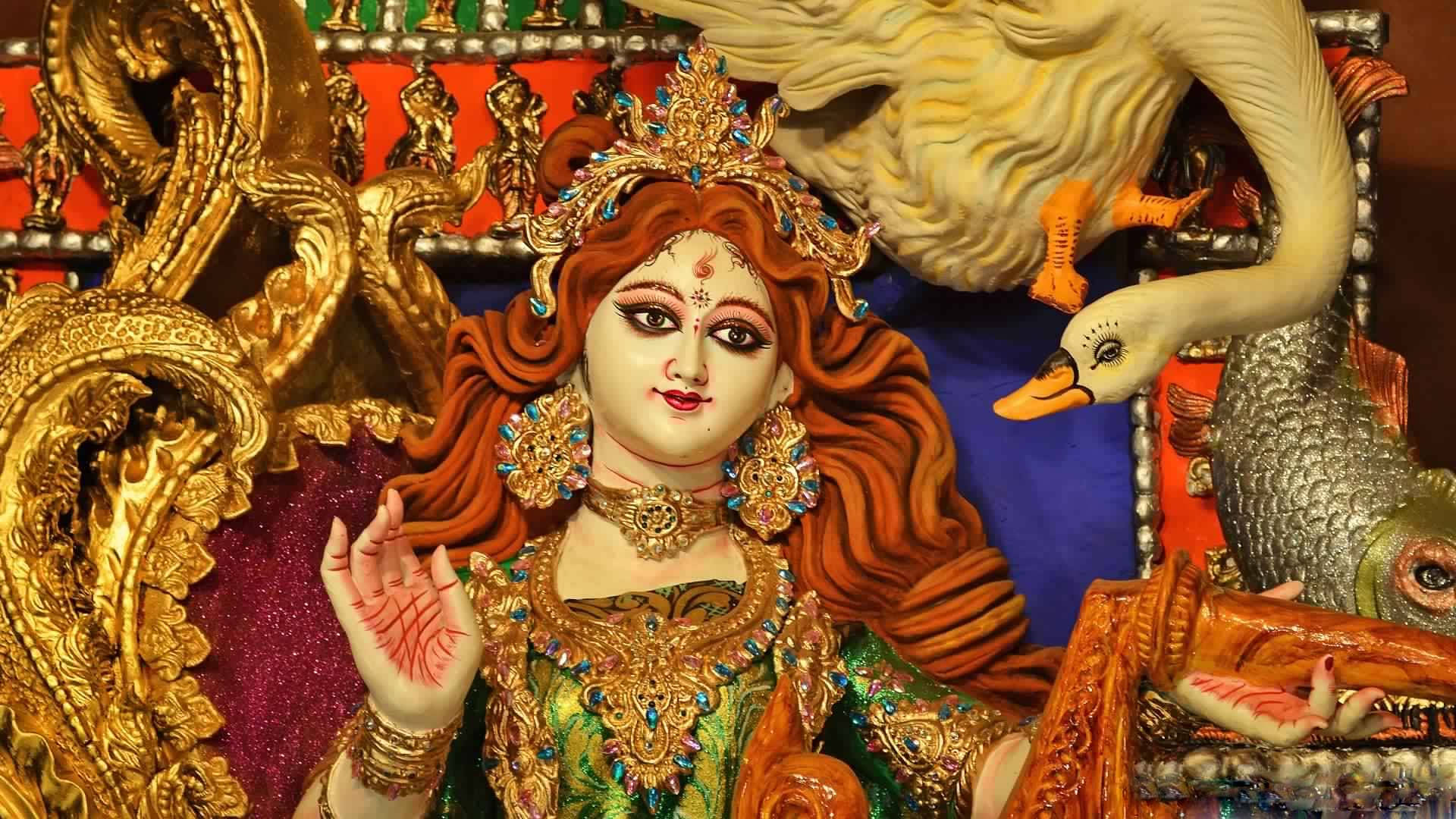 Saraswati, red hair, golden jewelry, Full HD Desktop Wallpaper
