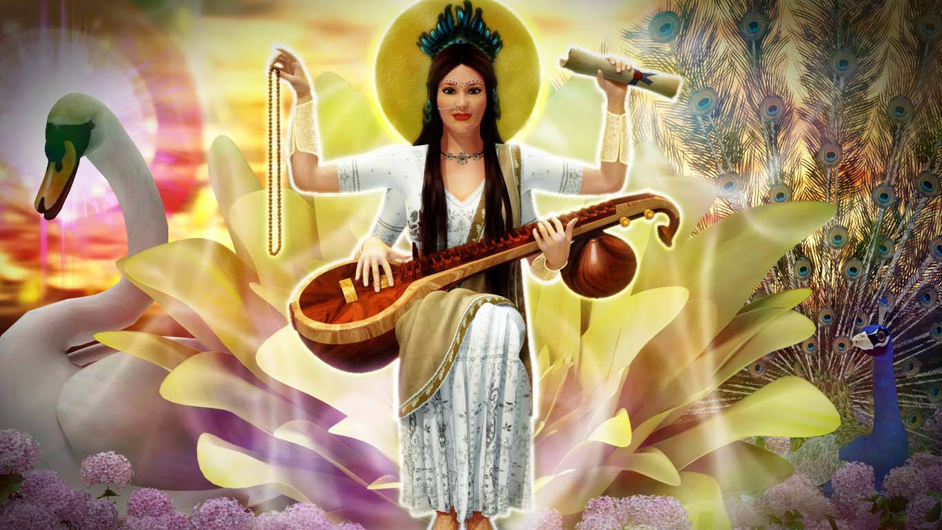 Saraswati, yellow flower throne, peacocks, HD Desktop Wallpaper