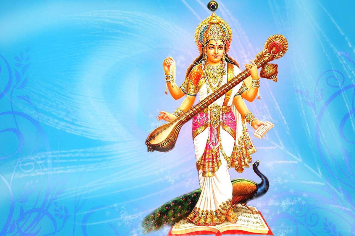 Saraswati, pastel blue, peacock, SD Desktop Wallpaper
