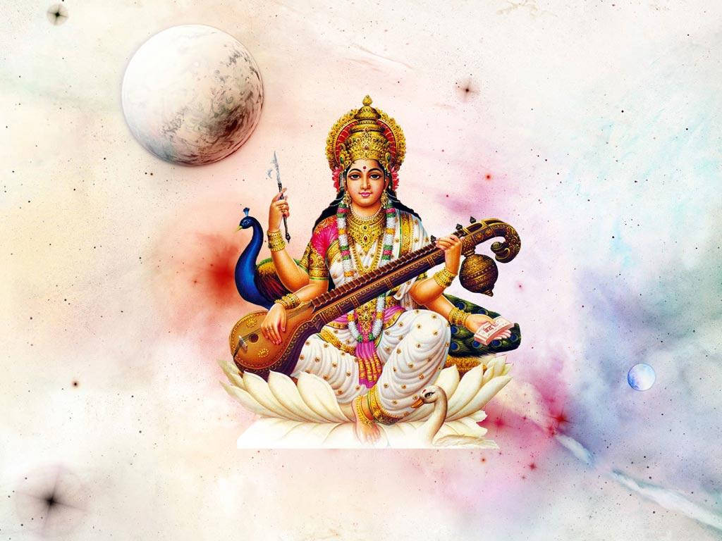 Saraswati, veena, book, SD Desktop Wallpaper