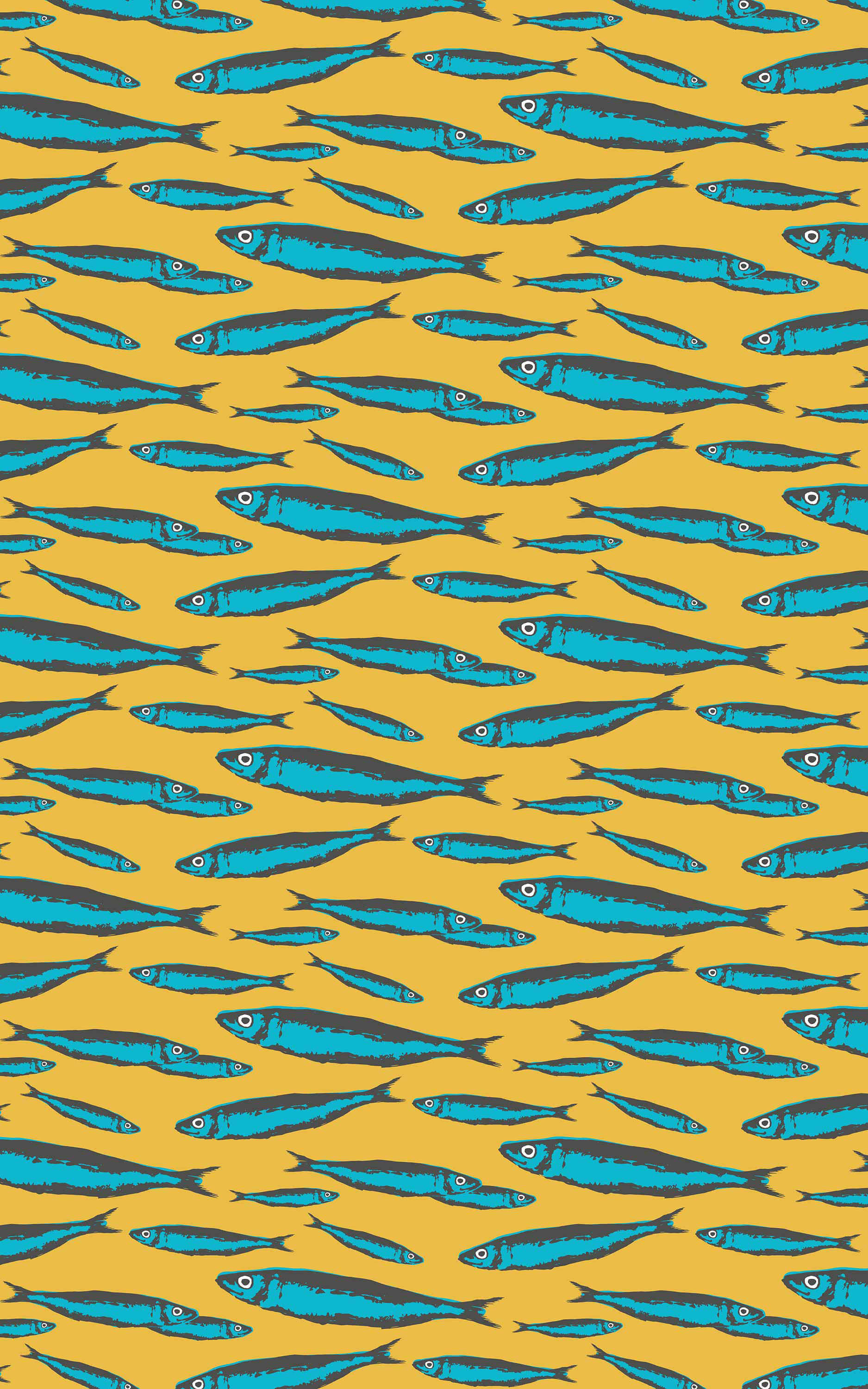 Sardine Pattern, yellow background, turquoise fish silhouettes, 2K Phone Wallpaper