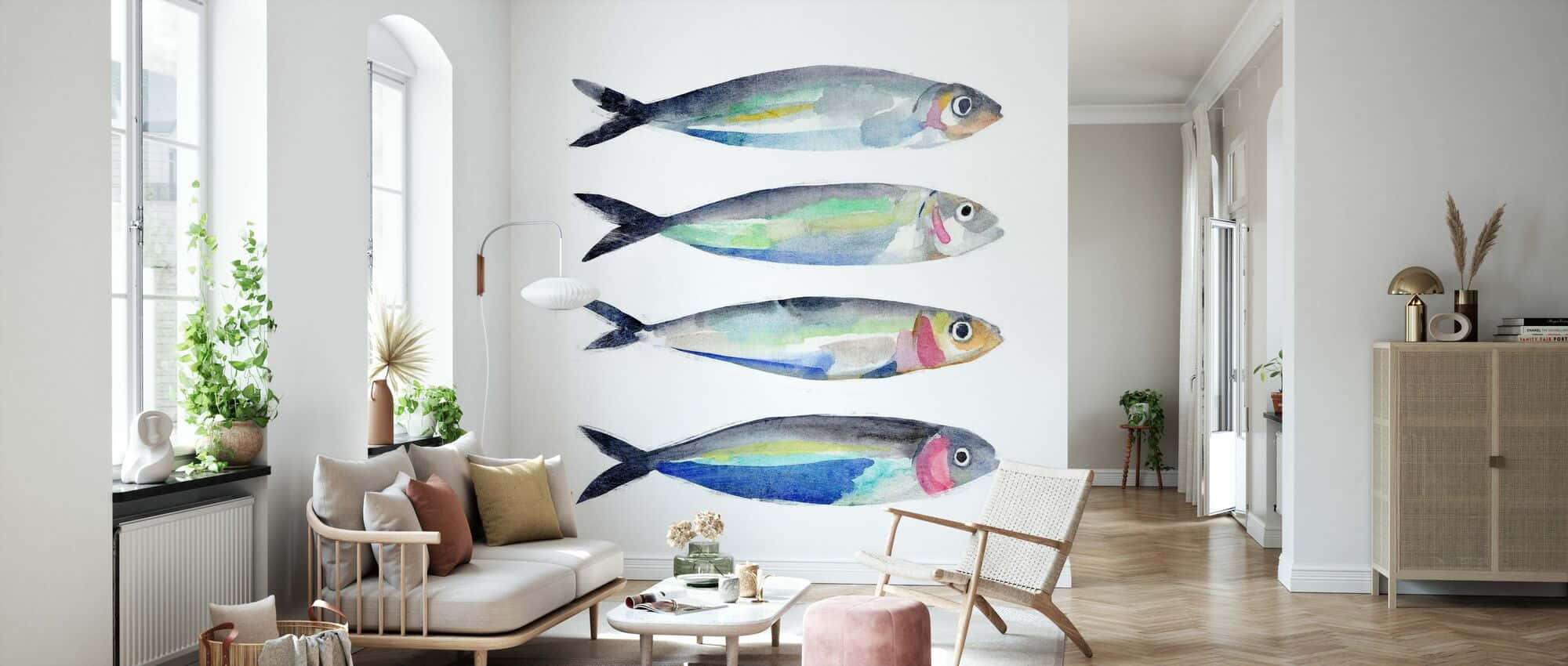 Sardine Art, living room, watercolor fish murals, Full HD Desktop Wallpaper