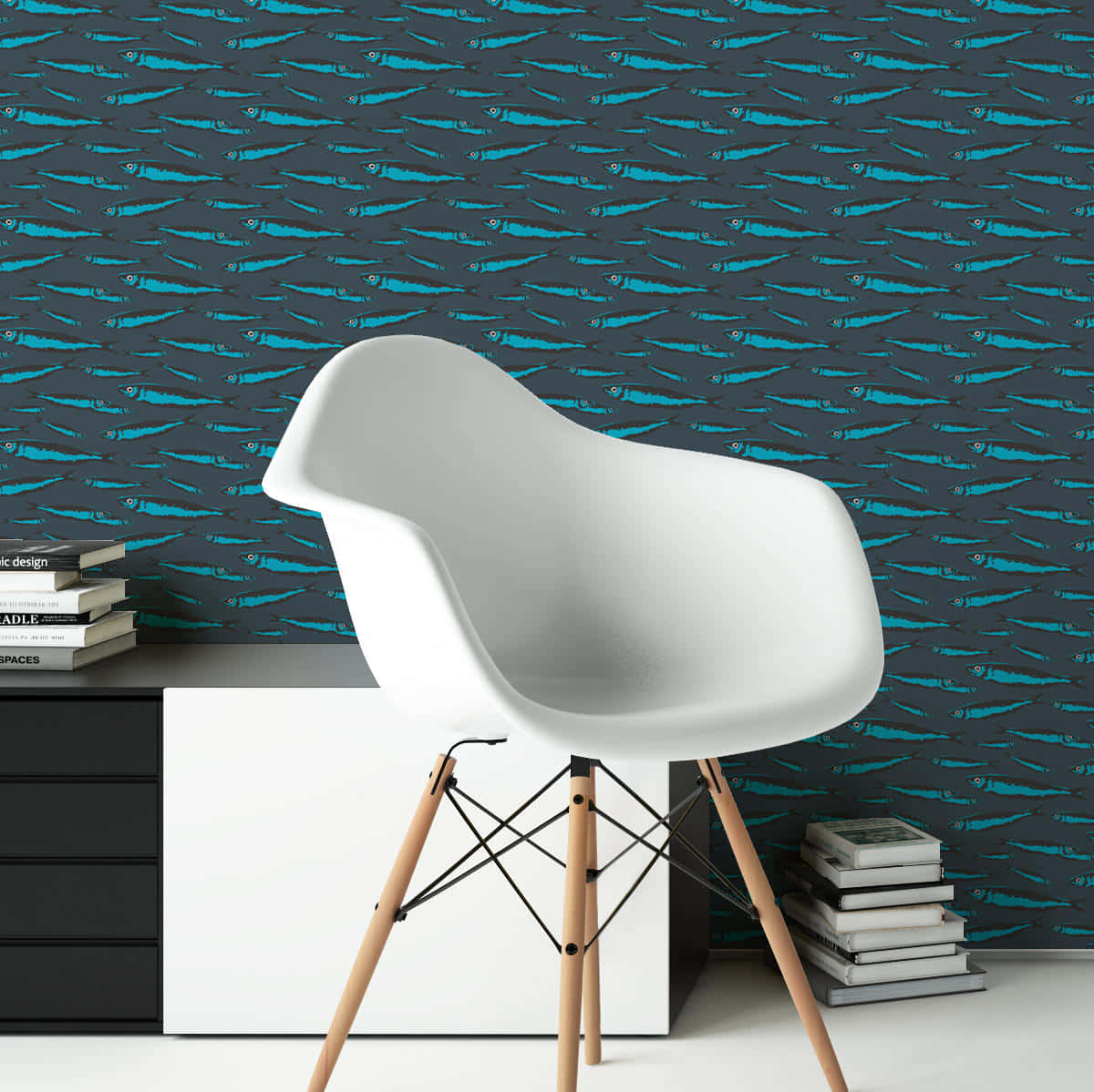 white modern chair, dark gray wall, repeating pattern, SD Desktop Wallpaper