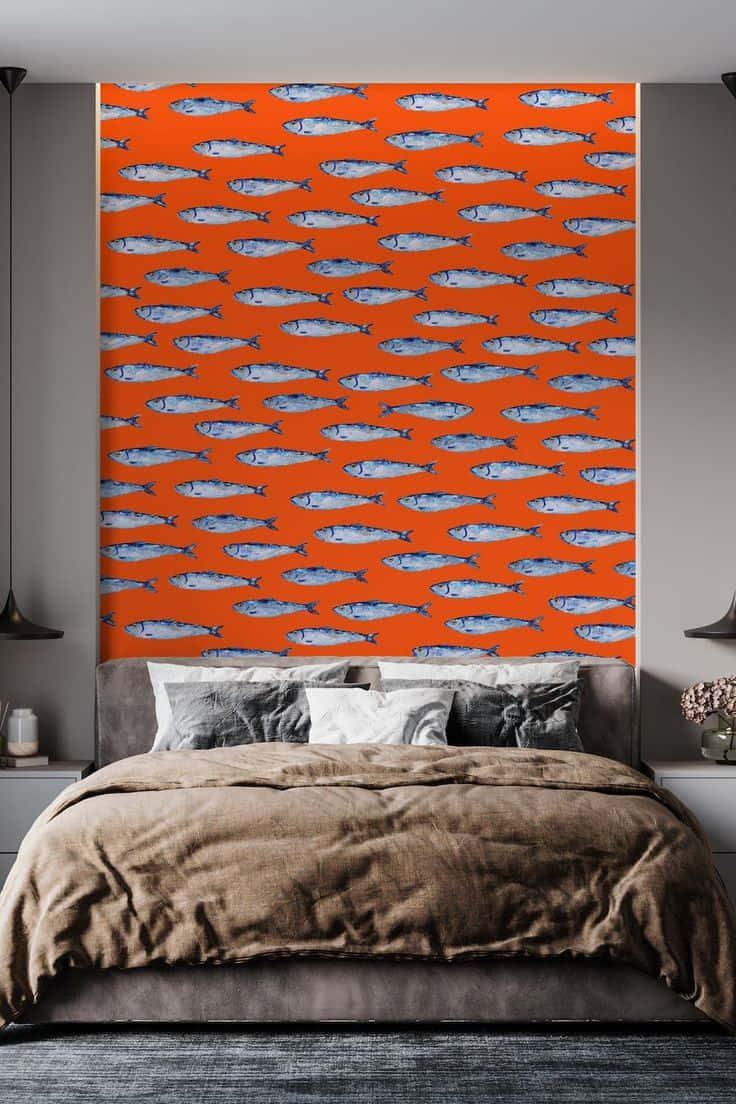 Sardine Pattern, orange wall, repeating pattern of silver fish, SD Phone Wallpaper