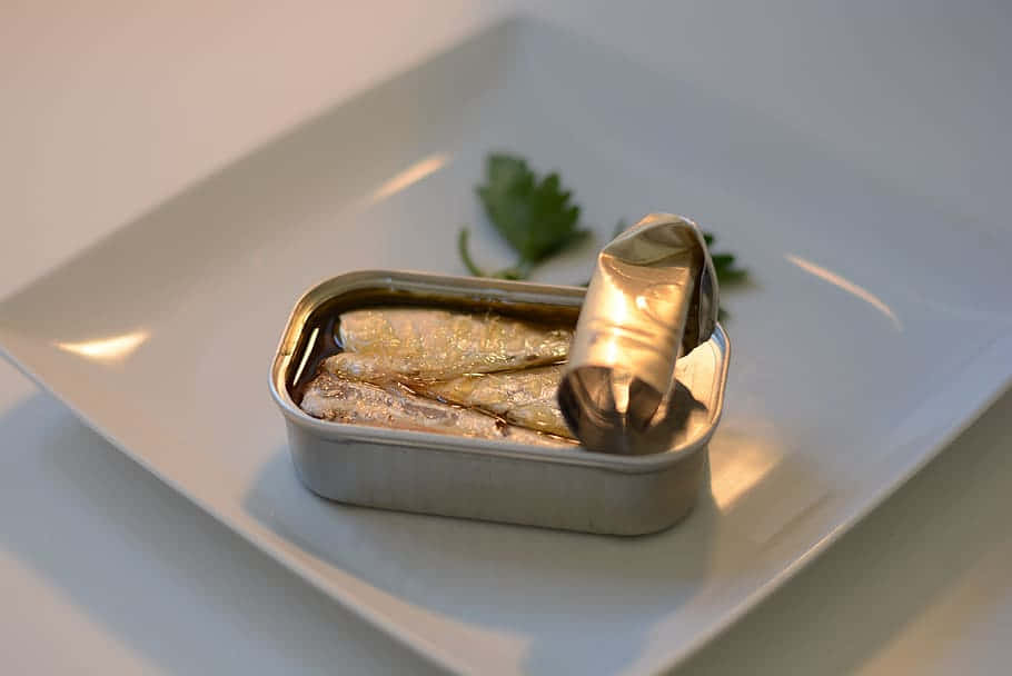 silver can, sardines, white plate, SD Desktop Wallpaper