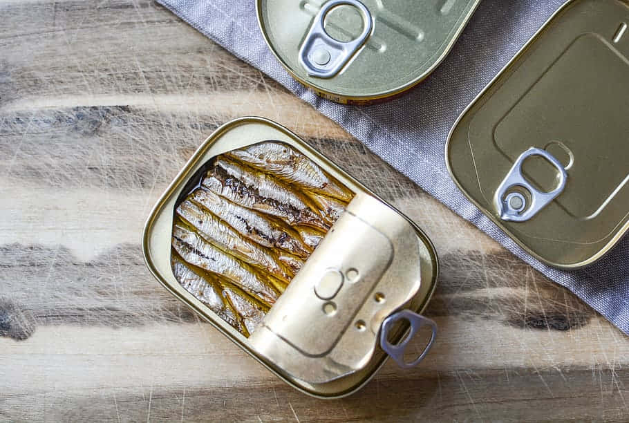 canned sardines, wooden table, silver fish, SD Desktop Wallpaper