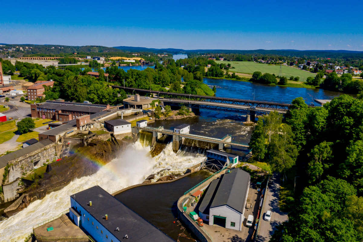 Sarpsborg, glowing sunset, river dam, SD Desktop Wallpaper