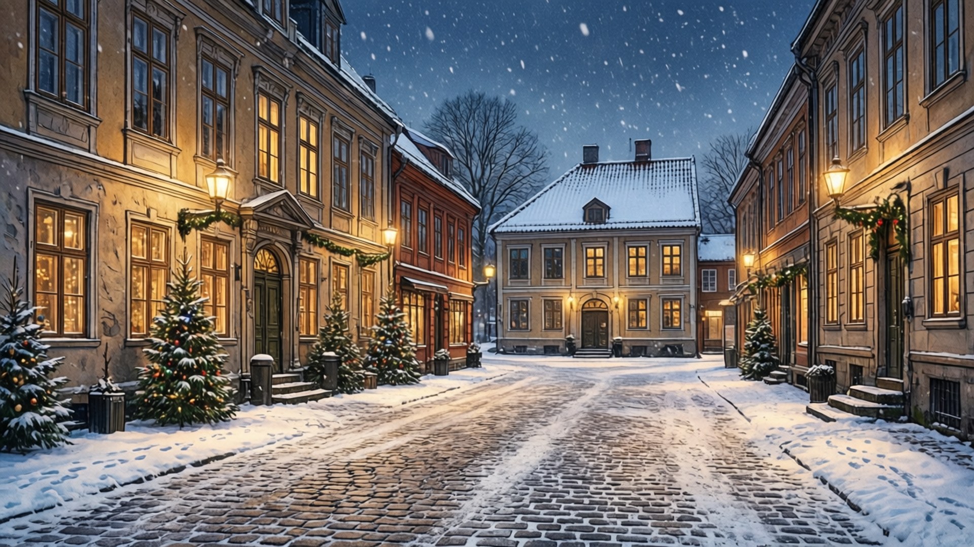 Sarpsborg, old town square, snowy, Full HD Desktop Wallpaper