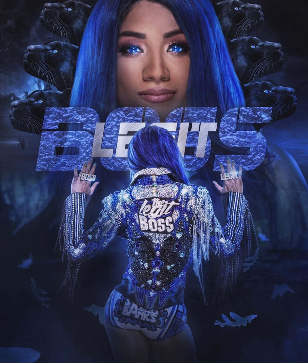 Sasha Banks, blue hair, glowing eyes, SD Phone Wallpaper