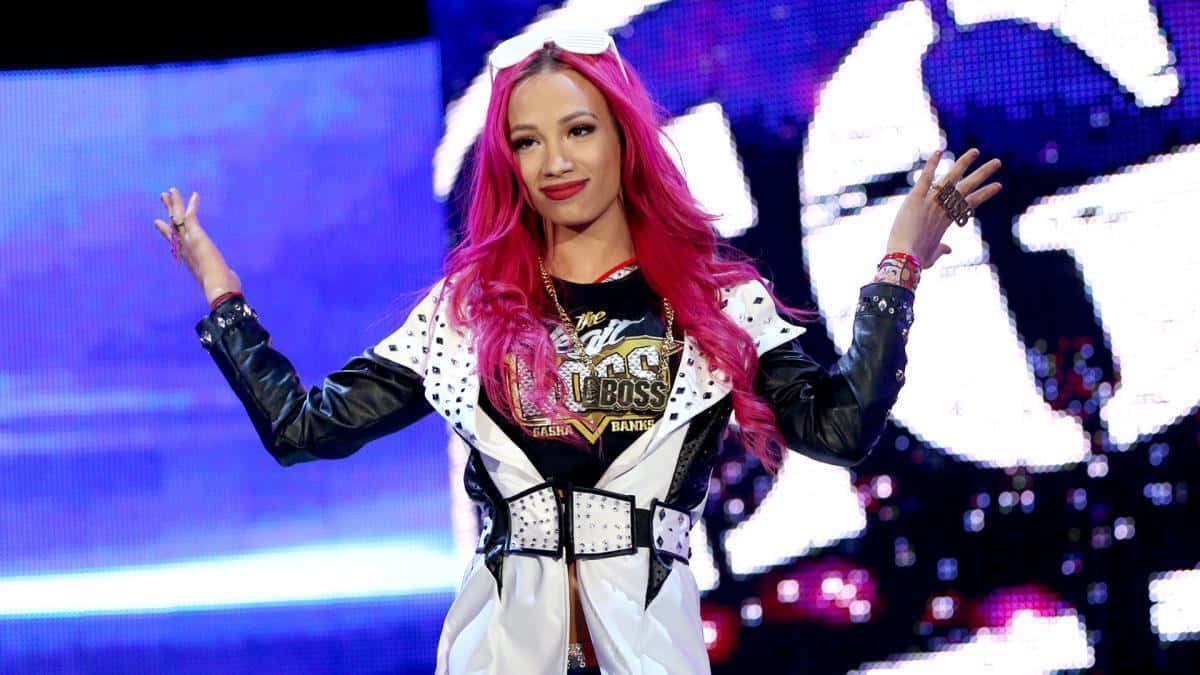 Sasha Banks, vibrant pink hair, studded white jacket, SD Desktop Wallpaper