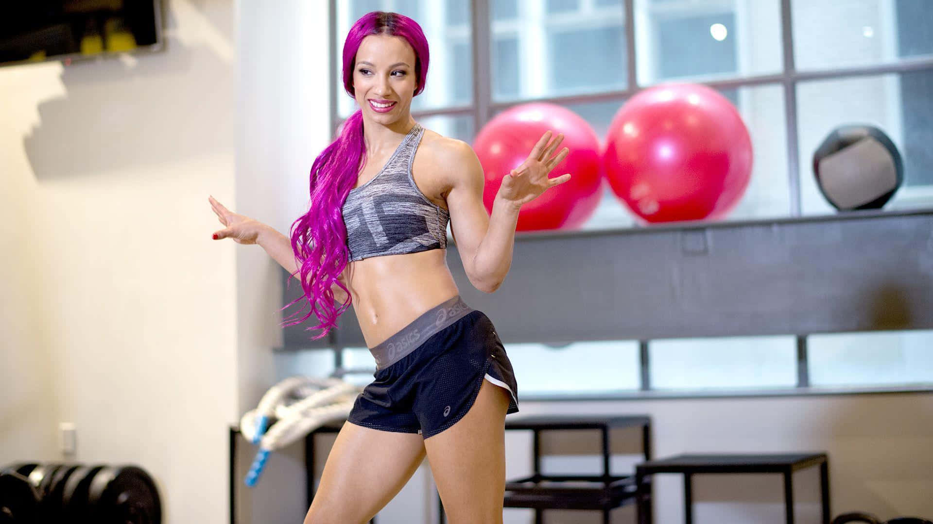 Sasha Banks, vibrant purple hair, gym, Full HD Desktop Wallpaper